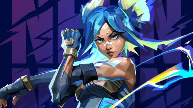Neon, een VALORANT-agent, warmt zich op voor een gevecht met blauw haar.