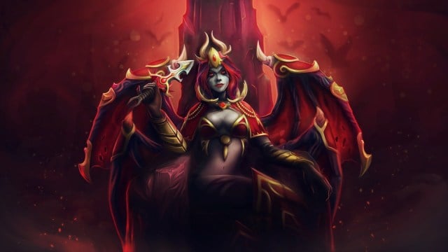 Een demonische figuur met rode en blauwe vleugels zit op een troon en draait een dolk rond.