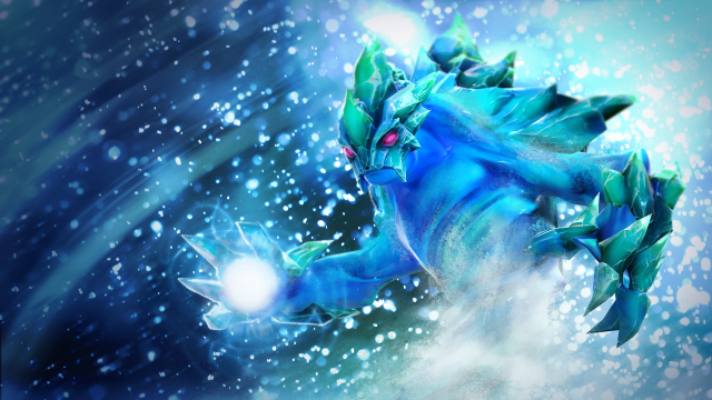 Een elementaire figuur van water en ijs stormt naar voren en houdt een bol van blauw licht vast.