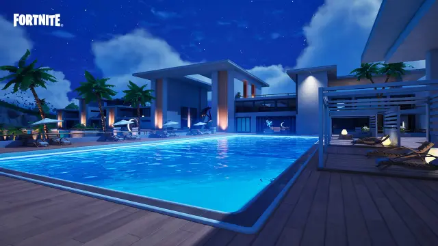 Fortnite's Relentless Retreat, met een buitenzwembad, palmbomen en ligstoelen. 