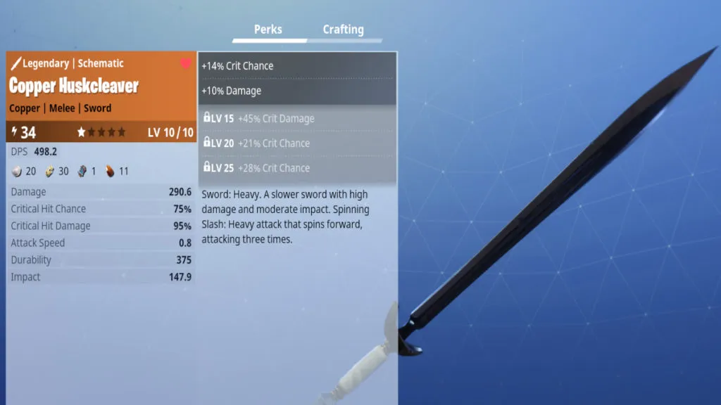 Het lange zwaard genaamd de Husk Cleaver van Fortnite is een van de beste STW Fortnite-wapens