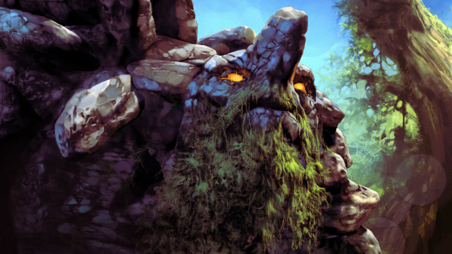Een gigantisch rotsmonster met een groene baard en gele ogen staart naar voren in een bos in Dota 2.
