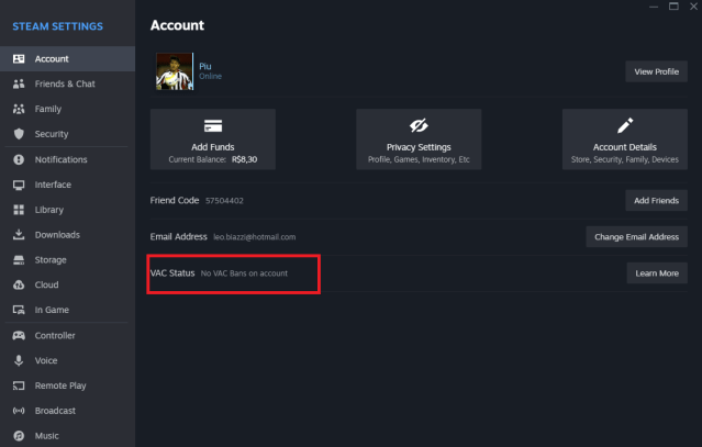 Screenshot gemaakt van het accounttabblad in de Steam-app.  Het benadrukt dat een speler geen VAC-verbod heeft.