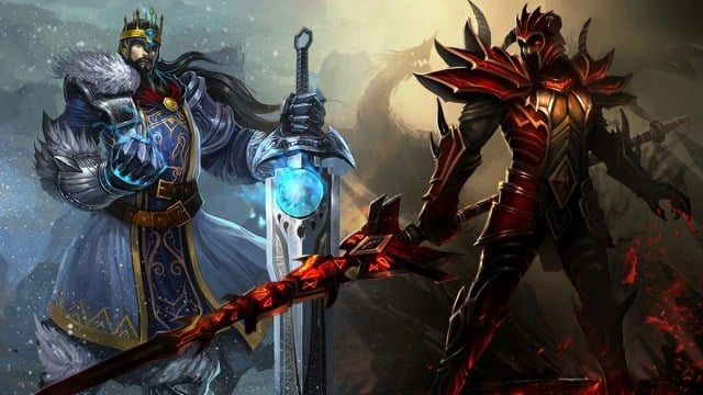 Tryndamere (links), gekleed in winterkleding en met een gigantisch zilveren zwaard in de hand, staat naast Jarvan IV (rechts), in rood pantser, met een scherpe rode speer in League of Legends.