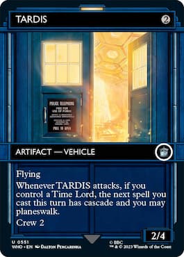Afbeelding van TARDIS met één deur open via TARDIS-kaart in Doctor Who MTG Commander-set