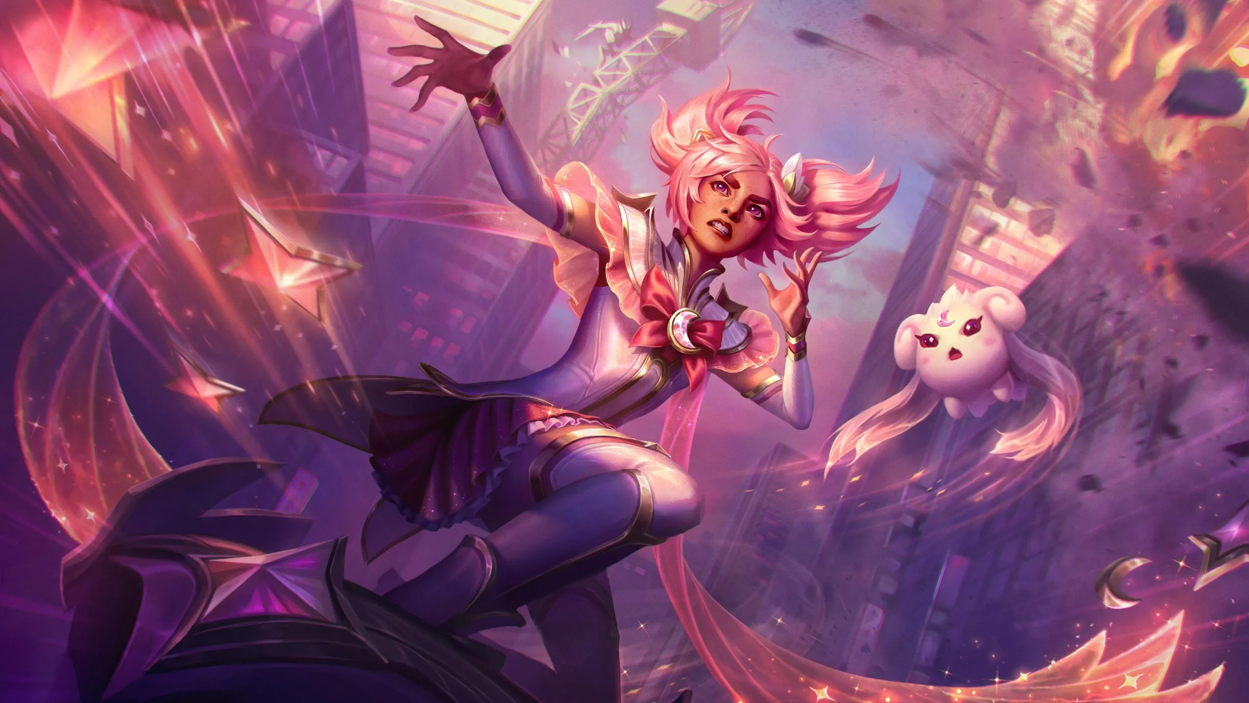 Star Guardian Taliyah staat boven een enorme stad in League of Legends
