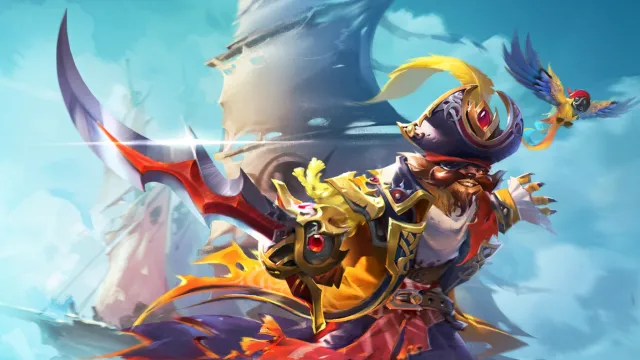 Pangolier, uit Dota 2, gekleed als een piraat die een zwaard vasthoudt met een papegaai die op de achtergrond vliegt.
