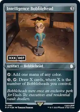 Intelligence Bobble Head-kaart met Vault Boy in een afgestudeerde pet.