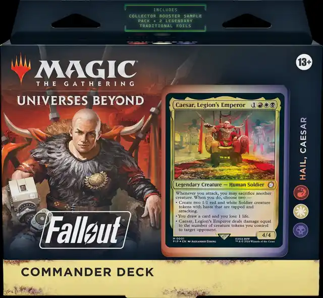 Afbeelding van Caesar op een geïmproviseerde troon voor de cover van de MTG Fallout Commander-box