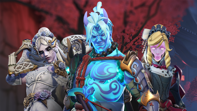 Hanzo in zijn nieuwe Mythic-skin staat naast Widowmaker en Echo in hun respectievelijke skins met Halloween-thema