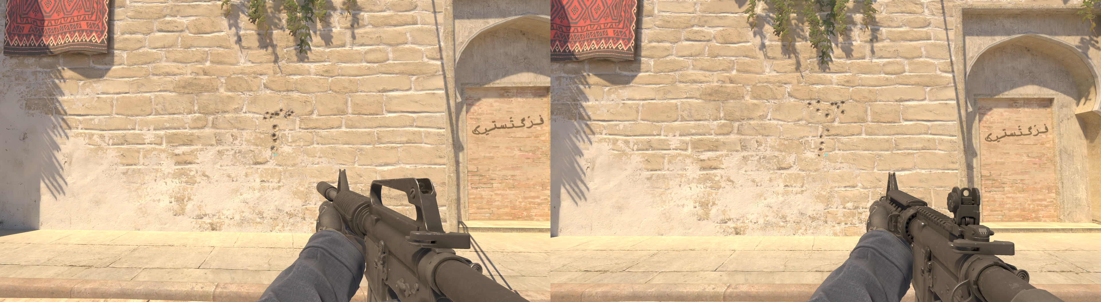 Afbeelding links toont het spuitpatroon van de M4A1-S in CS2, terwijl de afbeelding aan de rechterkant het spuitpatroon van de M4A4 in CS2 toont.