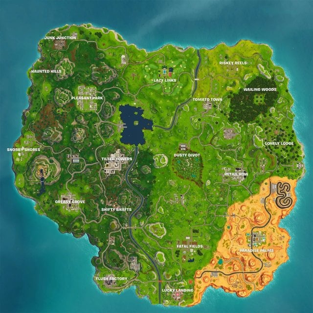 Kaart van het eiland tijdens Fortnite hoofdstuk één, seizoen 5-kaart