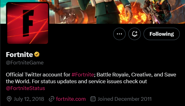 Een afbeelding van Fortnite's Twitter-profiel, met de locatie ingesteld op "12 juli 2018."