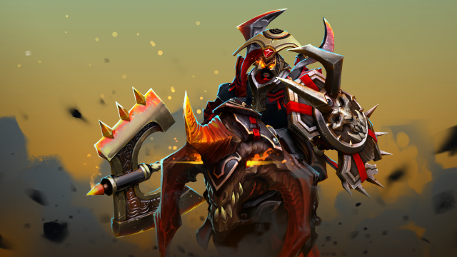 Een ridder in rood en zwart pantser met een schild en een bijl rijdt binnen op een oorlogspaard in Dota 2.