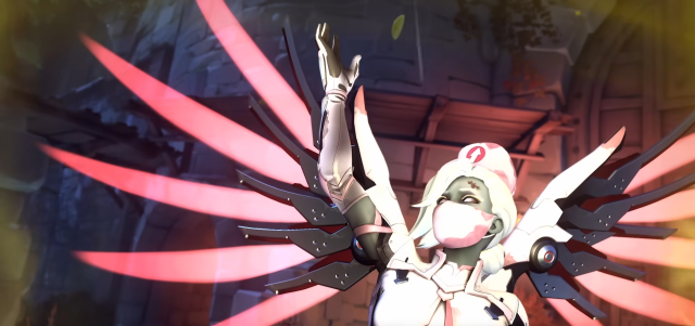 Mercy's nieuwe skin met Halloween-thema in seizoen 7 van Overwatch 2. Ze is gekleed als een zombieverpleegster met roze vleugels.