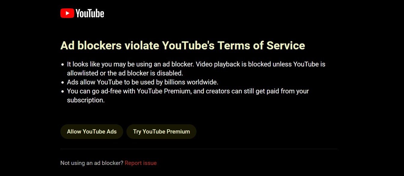 Advertentieblokkers zijn in strijd met de Servicevoorwaarden van YouTube