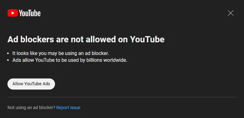 Advertentieblokkers zijn niet toegestaan ​​op YouTube