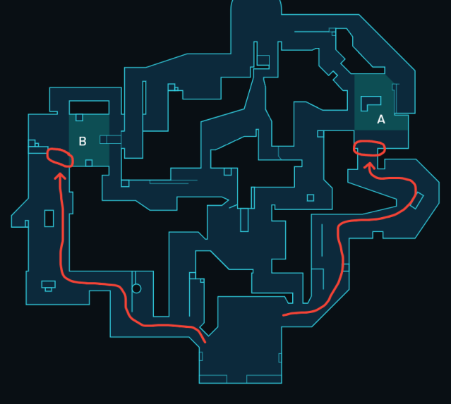 Twee routes om van de spawn van de aanvaller naar de A- en B-site op Pearl te komen, op een van de kaarten van VALORANT.