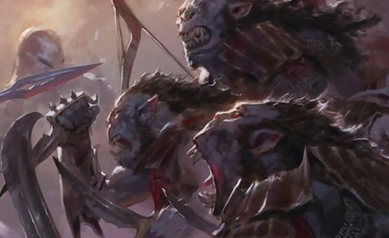 Orcs Bowmasters bereiden zich voor om voorwaarts te stormen in de Lord of the Rings-kaartkunst voor Magic: The Gathering.