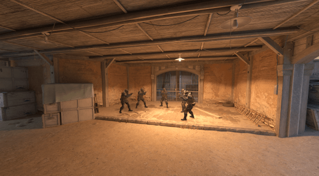 Screenshot gemaakt van de CT-spawn van Dust 2 in CS2, met in totaal vijf Counter-Terrorists die pistolen vasthouden.