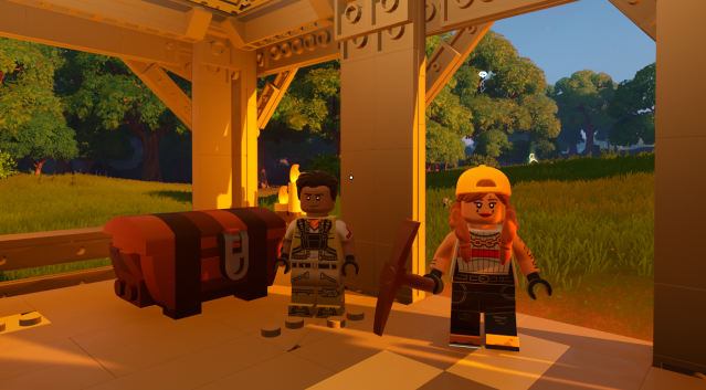 Het spelerspersonage en de Aura in LEGO Fortnite.