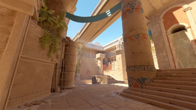 De A-bomsite op Anubis, een Egyptische tempelkaart in Counter-Strike 2,