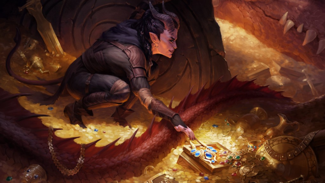 Een vrouw met hoorns en een staart reikt naar een stapel juwelen terwijl vlakbij een draak slaapt in MtG.
