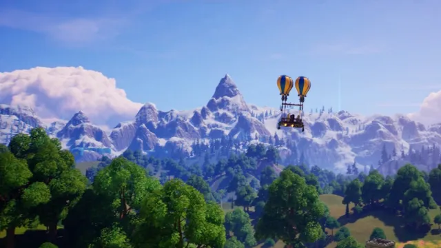Heteluchtballon vliegt Frostlands binnen tijdens de opening van LEGO Fortnite