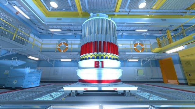 Een nucleaire silo op een glazen vloerpaneel met een reling op Nuke in Counter-Strike 2.