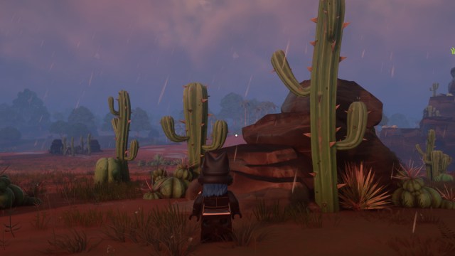 Een speler in LEGO Fortnite kijkt naar Cactus 'in the Desert-bioom.