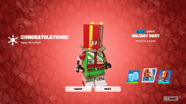 De Holiday Boxy-outfit in LEGO Fortnite.