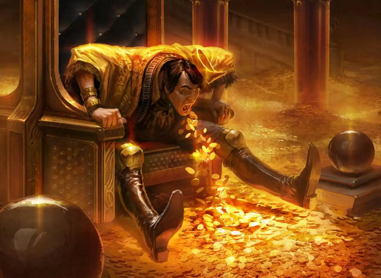 Een man op een troon spuugt gouden munten uit, omringd door een kamer vol met dezelfde munten.