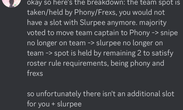 screenshot geplaatst door Snip3down op Twitter: "Oké, dus hier is het overzicht: de teamplek wordt ingenomen/bezet door Phony/Frexs, je zou geen plek meer hebben bij Slurpee."