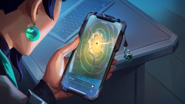 VALORANT-agent Sage kijkt op haar telefoon naar een afbeelding van een afstandsdoelwit dat wordt neergeschoten in VALORANT.