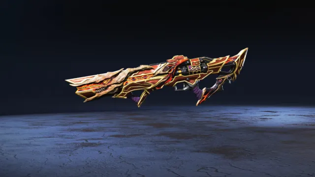 HAVOC Geweerskin in rood, paars en goud.  De loop van het wapen doet denken aan een draak.