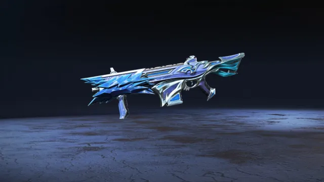 Een ijsblauwe Volt-skin met gebogen en gekartelde randen langs het wapen.