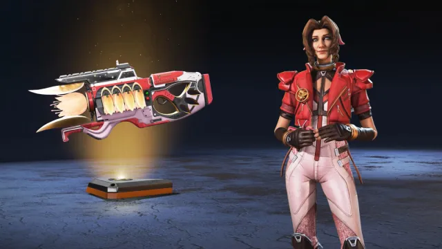 Horizon-skin met roze broek, rood jasje, leren handschoenen zonder vingers en bruin haar naast bijpassende Charge Rifle-skin.