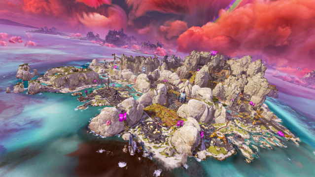 Een brede opname van de Storm Point-kaart in Apex Legends.