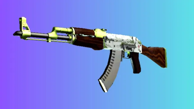 Een AK-47 met een 'hydrocultuur'-huid, met een wit en groen kleurenschema met accenten van helder limoen, tegen een gradiëntblauwe en paarse achtergrond.