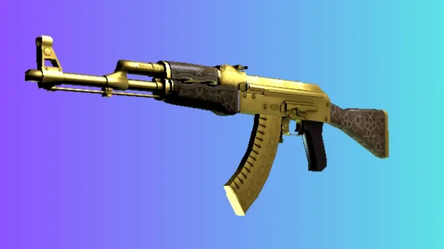 Een AK-47 met een 'Gold Arabesque'-skin, met ingewikkelde gouden patronen op het magazijn, tegen een blauwe en paarse achtergrond met kleurverloop.