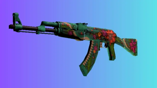 Een AK-47 met de 'Fire Serpent'-skin, met een levendig ontwerp met groene tinten en rode bloemmotieven, tegen een blauwe en paarse achtergrond met kleurverloop.