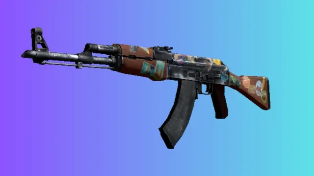 Een AK-47 met de 'Jet Set'-skin, versierd met verschillende reisstickers en een wereldkaart, tegen een gradiëntblauwe en paarse achtergrond.