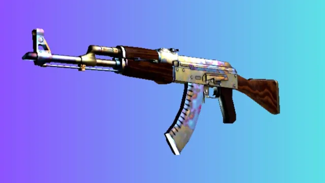 Een AK-47 met de 'Case Hardened'-huid, die een unieke mix van blauwachtig-paarse patina op metalen onderdelen laat zien, tegen een gradiëntblauwe en paarse achtergrond.