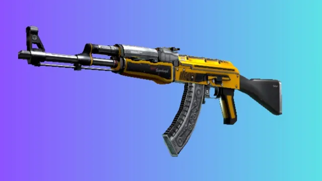 Een AK-47 met de 'Fuel Injector'-skin, met een levendige gele kleur met zwarte en rode details, tegen een gradiëntblauwe en paarse achtergrond.