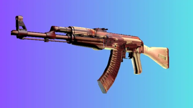 Een AK-47 met een 'X-Ray'-skin, met een doorschijnend rood ontwerp dat interne mechanismen onthult, tegen een blauwe en paarse achtergrond met kleurverloop.