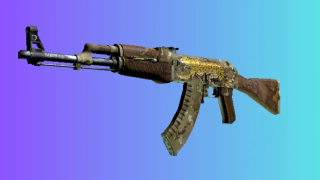 Een AK-47 met de 'Pantera Onca'-skin, met een patroon geïnspireerd op de jas van de jaguar, tegen een gradiëntblauwe en paarse achtergrond.