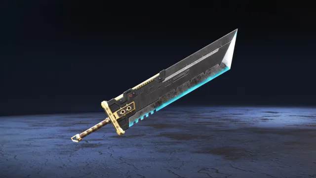 Toont een gigantisch, blokvormig zwaard met een houten handvat en een lichtblauwe rand.