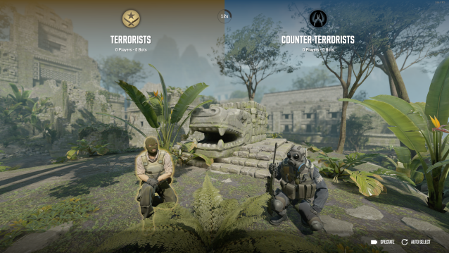 Een terrorist en een contraterrorist knielen met hun wapens neer buiten Ancient in Counter-Strike 2.