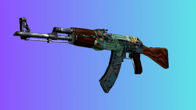 Een AK-47 met een 'Wild Lotus'-skin met een groen en blauw kleurenschema met bloempatronen, weergegeven tegen een gradiëntblauwe en paarse achtergrond.