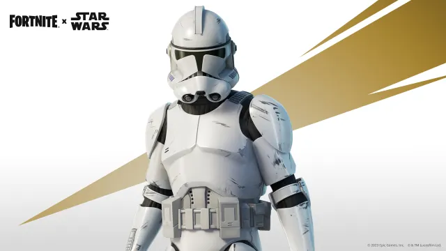 Fortnite's Clone Trooper Outfit poseert voor witte achtergrond